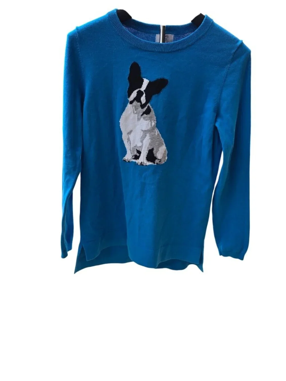 Crown & Ivy Womens Blue Sweater French Bulldog Design Small Crewneck Cotton - Picture 1 of 6